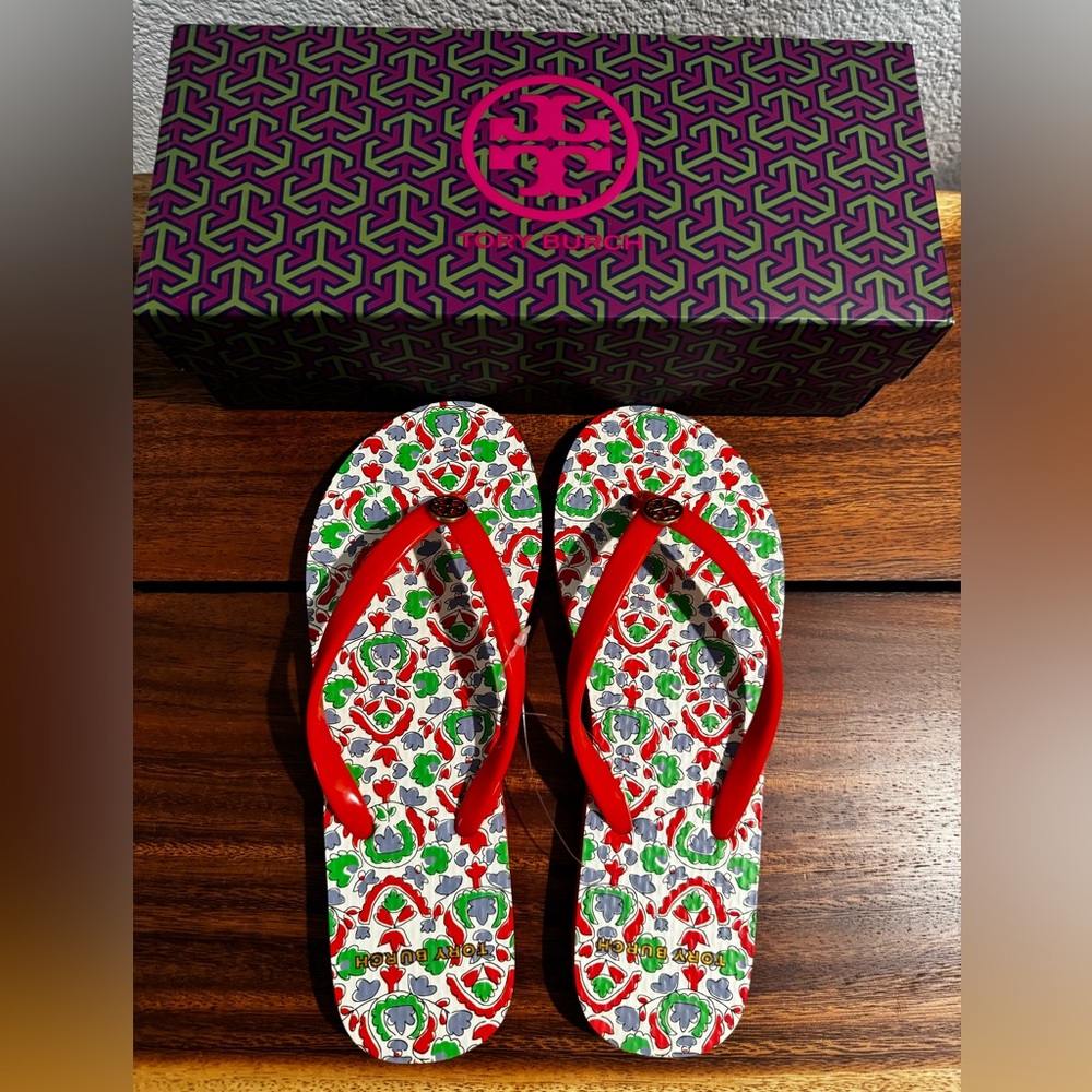 TORY BURCH FLIP FLOP PVC SIZE 5 POPPY RED/LEGACY PAISLEY